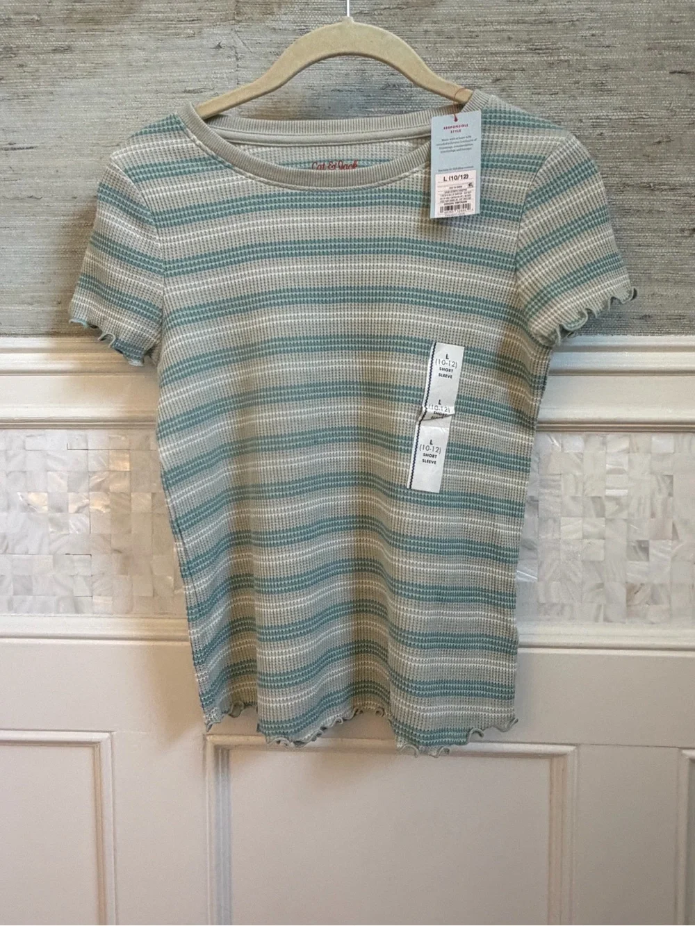 NWT new girls large 10 12 cat & jack waffle knit Striped shirt Top Cream Teal